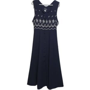 XTRMZ Size 9/10 Navy White Embroidered Long Maxi Dress V Neck Y2K Boho Goth USA